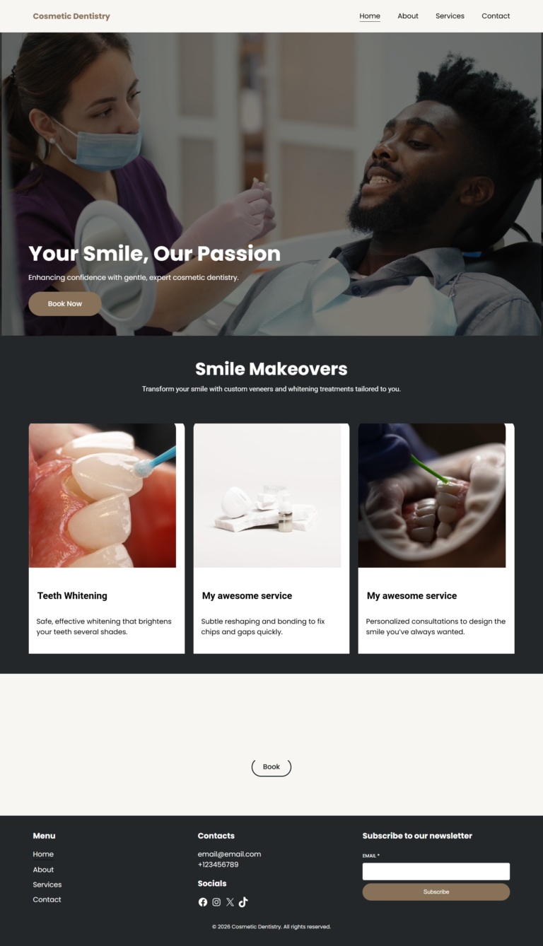 cosmetic dentistry WordPress website template with dentist treating patient and smile makeover services section